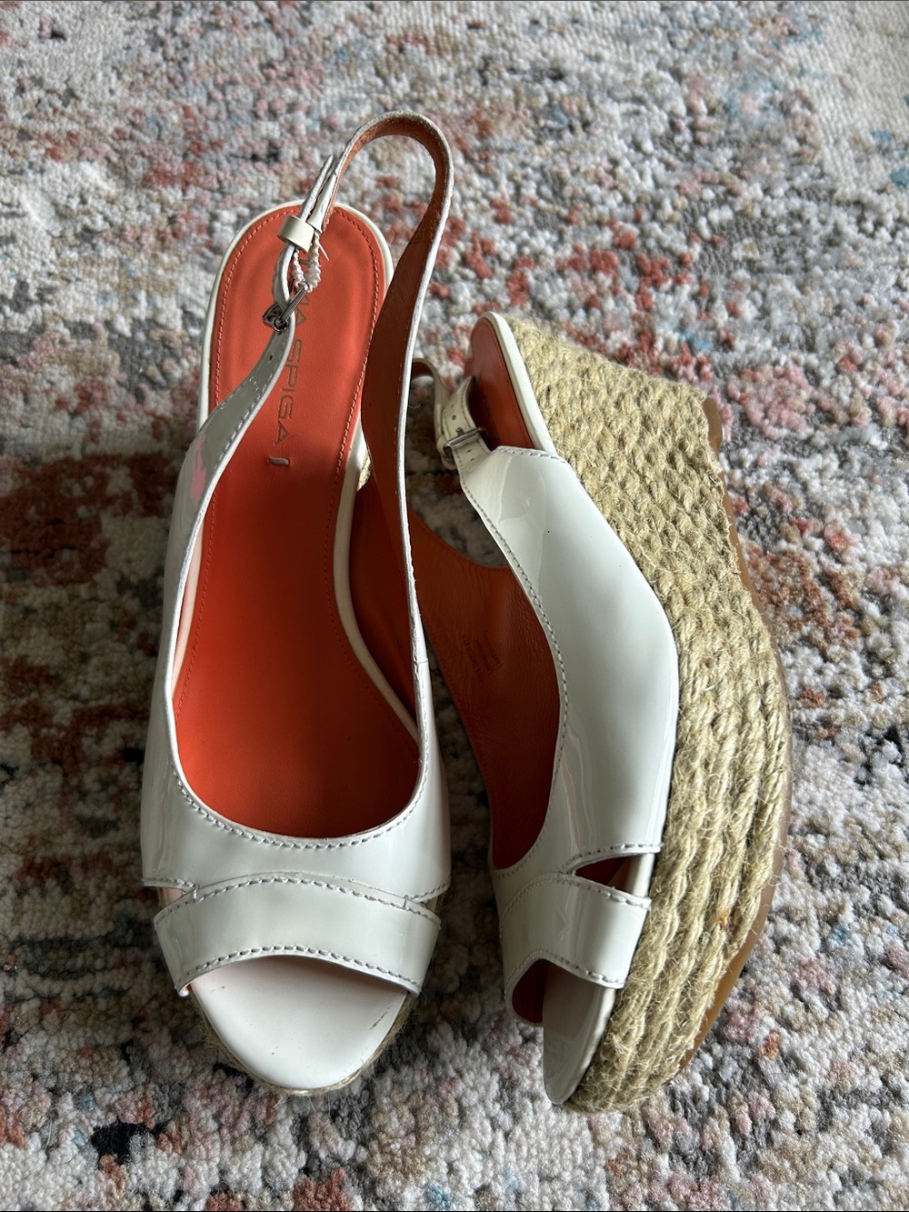 Via Spiga White Peep-Toe Espadrille Wedge Slingbacks with Orange Insole